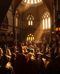 Experience the enchanting atmosphere of a magical school bathed in the warm, soft glow of golden hour light. Imagine young wi
