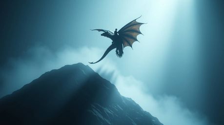 A breathtaking image of a dragon and its rider soaring above icy peaks, bathed in dramatic chiaroscuro lighting.  The scene e