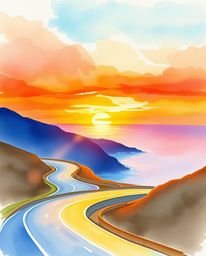 This is a delicate watercolor painting that captures a sunset sky over a winding coastal highway. The artwork is characterize