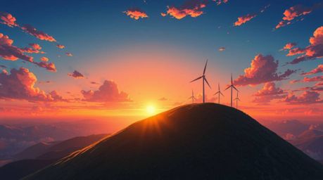 Experience a breathtaking isekai-style anime scene: a bird's-eye view of a vibrant sunset casting its golden hues behind a ro