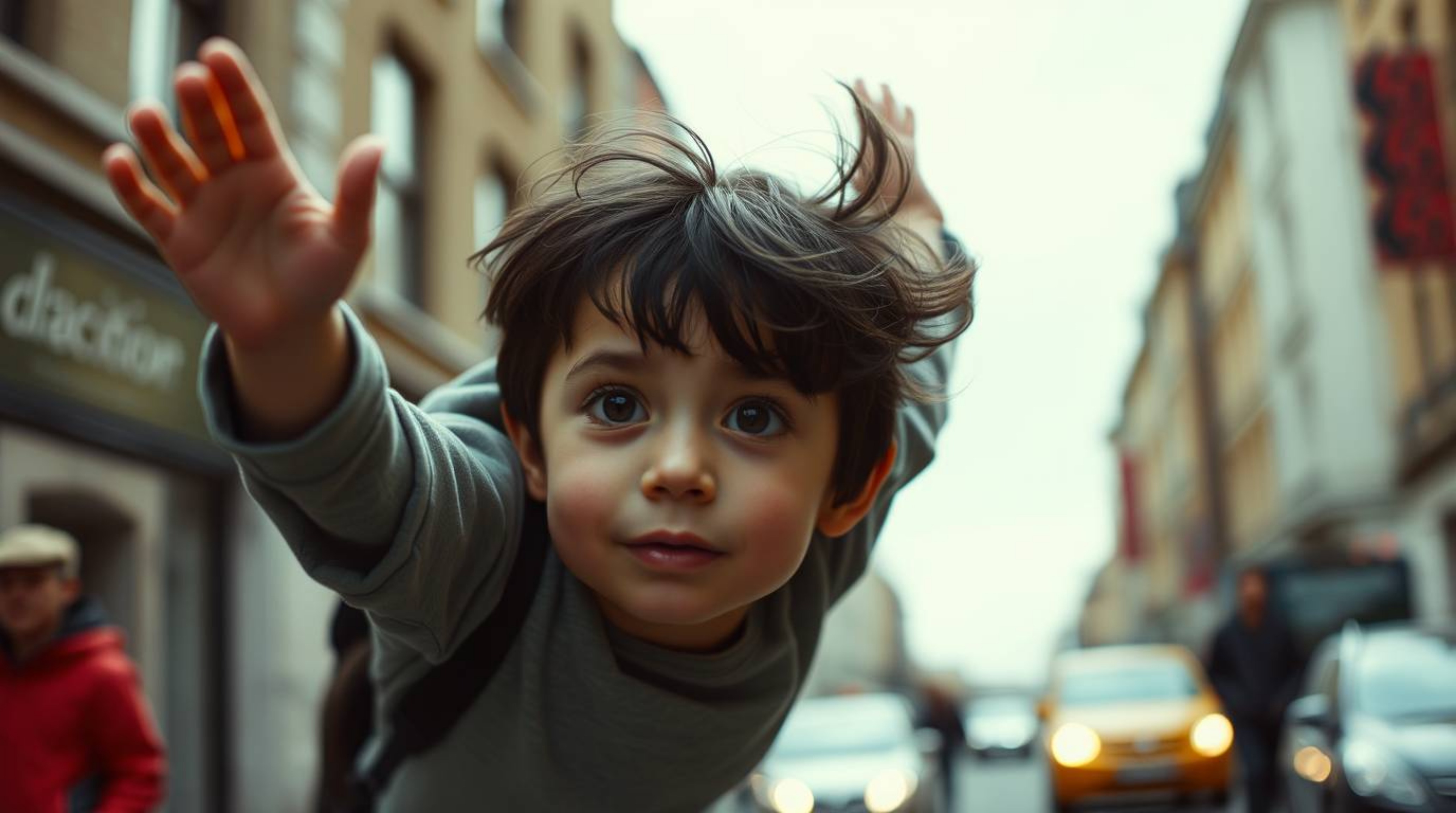 A captivating candid street photograph capturing a fleeting moment of a young boy seemingly flying above London, illuminated 