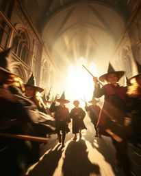 Explore a magical school bathed in the warm glow of golden hour light, featuring dynamic compositions of young wizards in act