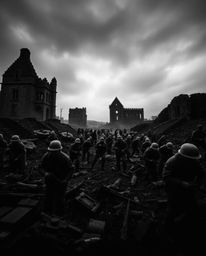Explore a haunting black and white photograph depicting a battlefield ravaged by time, featuring distorted soldiers and decay
