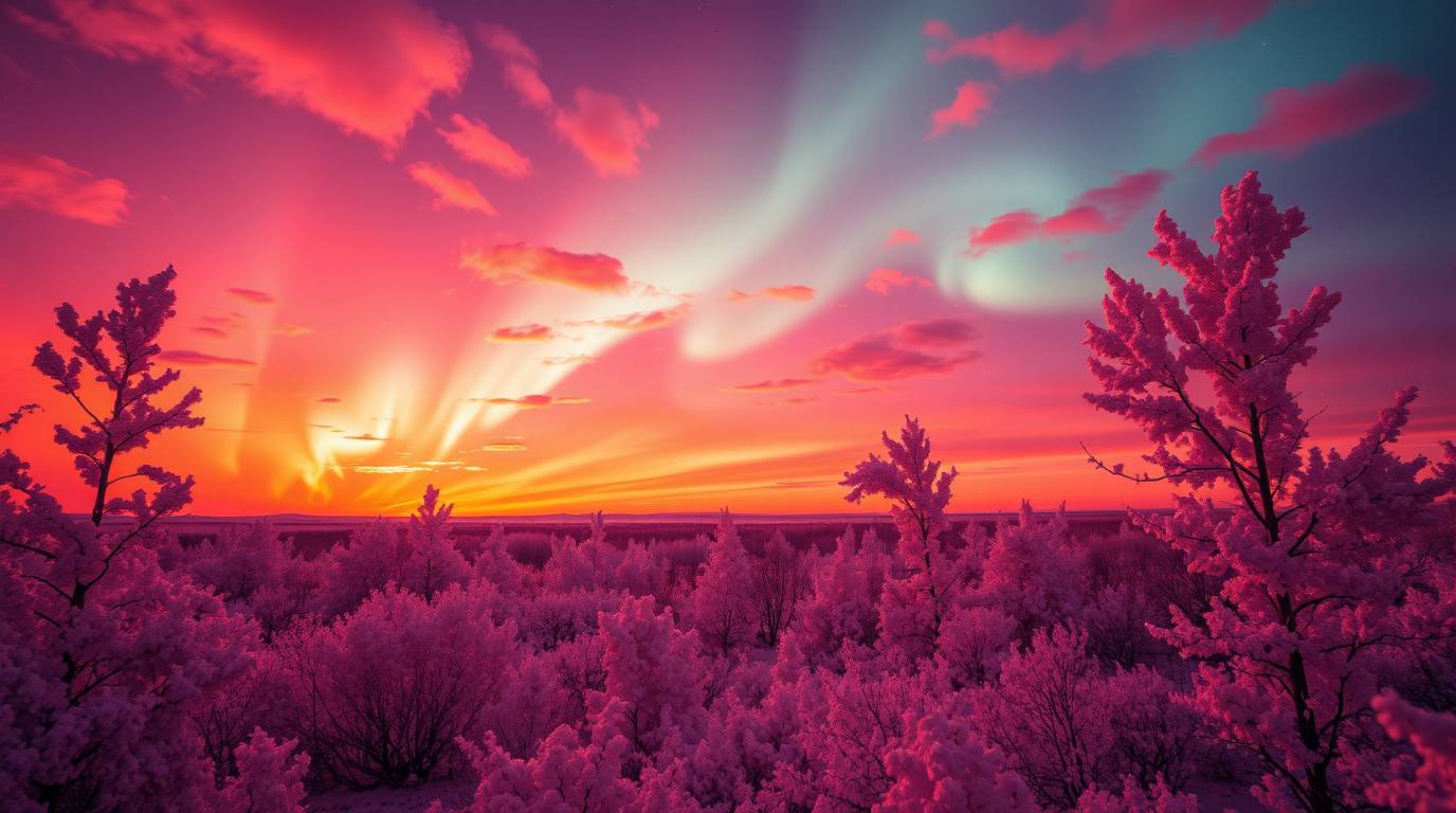 Witness the enchanting spectacle of the Northern Lights dancing across a vibrant sunset sky, captured in a surreal infrared i