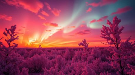 Witness the enchanting spectacle of the Northern Lights dancing across a vibrant sunset sky, captured in a surreal infrared i