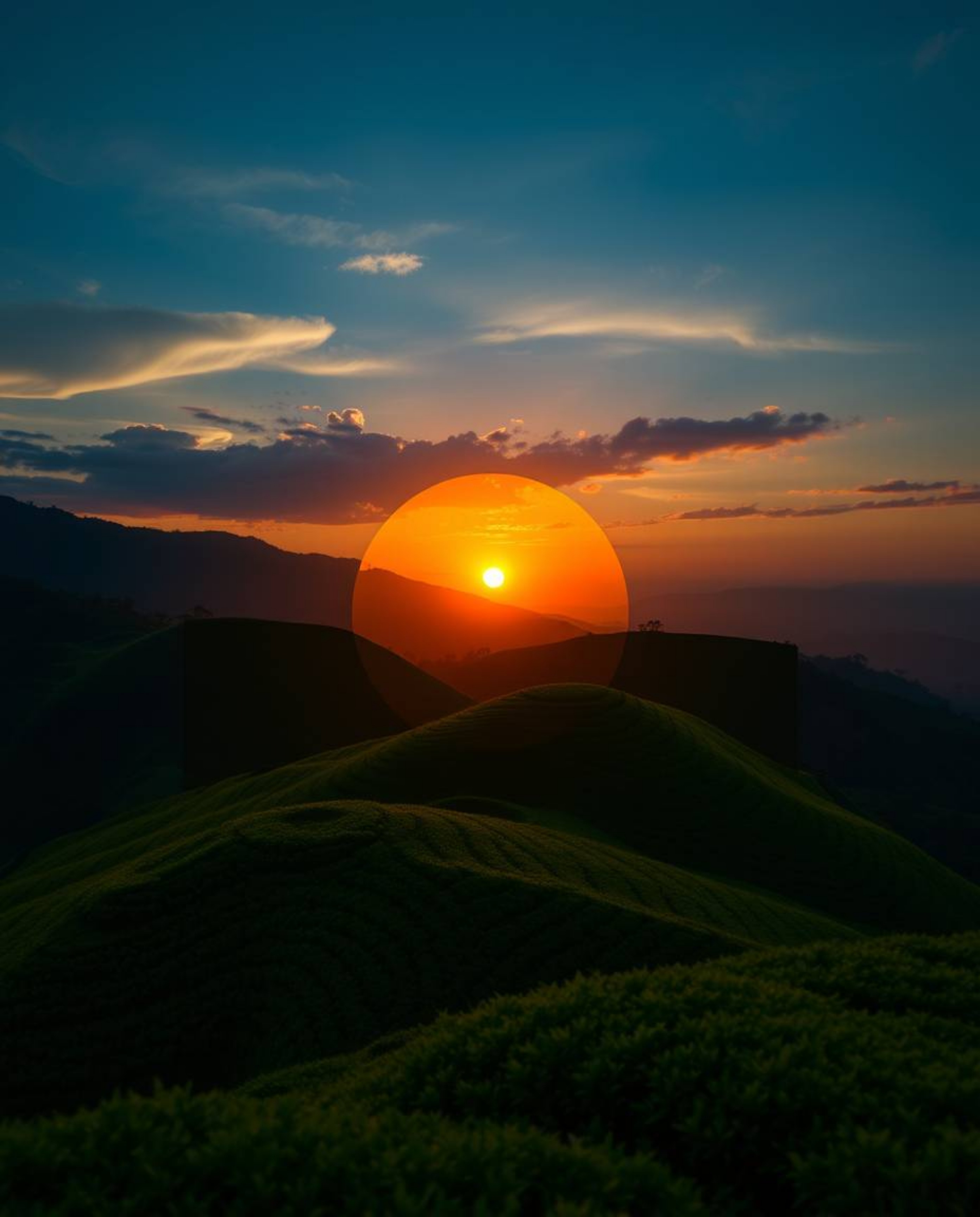 A dramatic cinematic logo depicting a sunset over terraced tea plantations. This design features geometric shapes, clean line