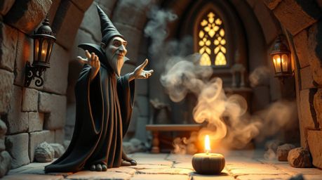 A captivating clay sculpture depicting a classic Disney villain casting a spell within the atmospheric ruins of an old castle