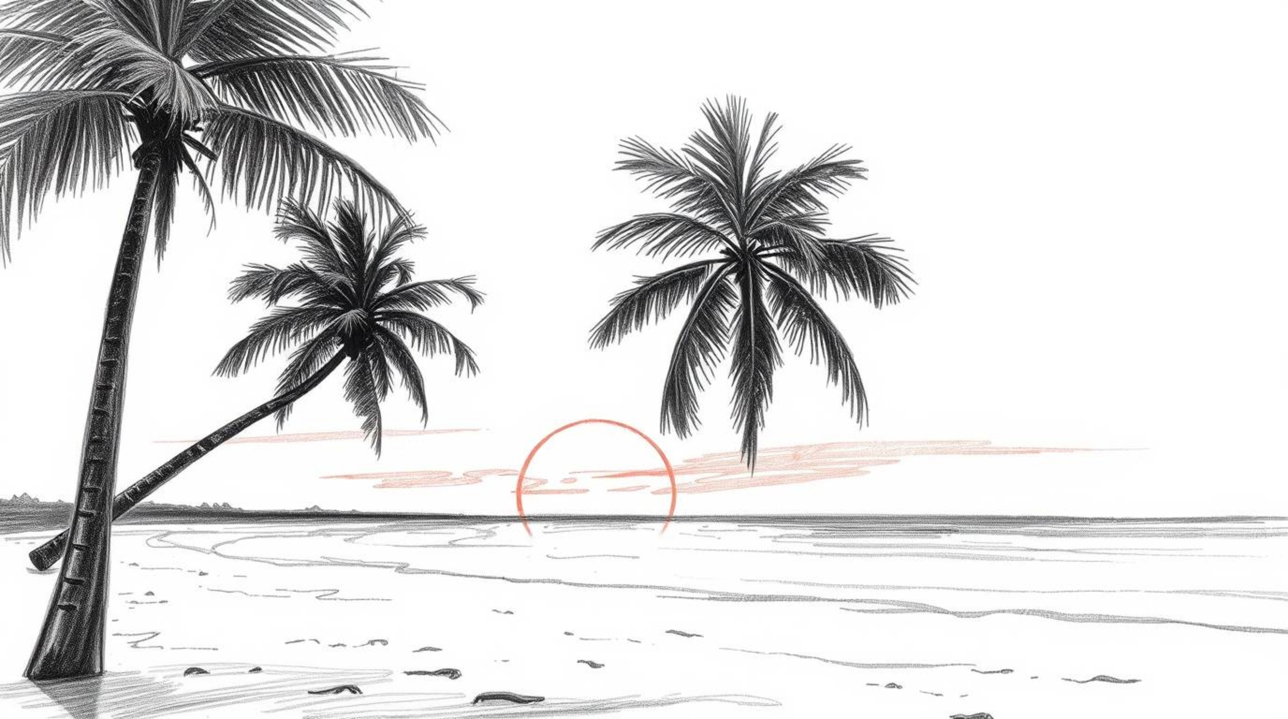 A moody, hand-drawn sketch depicts a tropical sunset beach featuring swaying palm trees. The artwork utilizes low contrast an