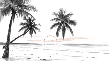 A moody, hand-drawn sketch depicts a tropical sunset beach featuring swaying palm trees. The artwork utilizes low contrast an