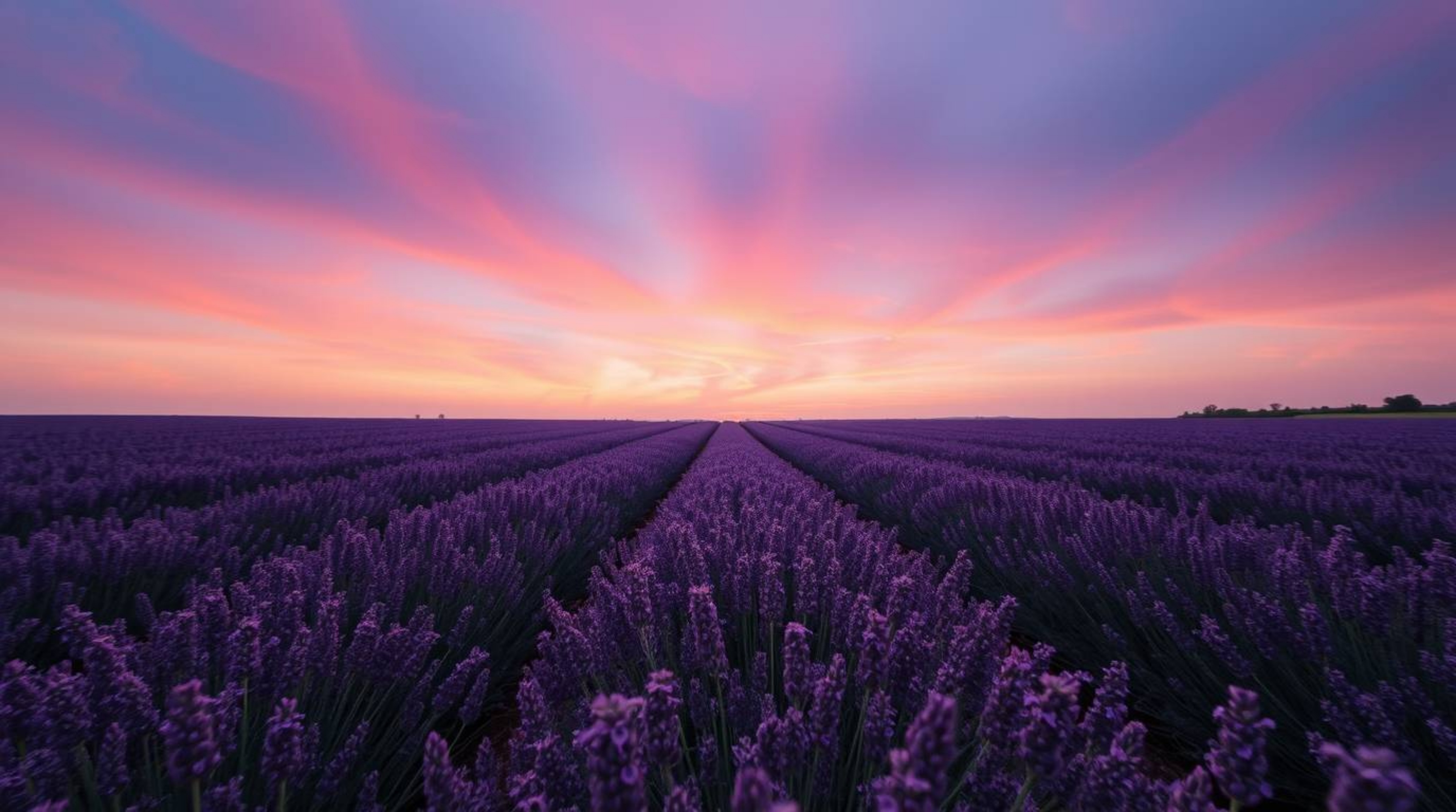 Capture the essence of peace and tranquility with this high-angle perspective of lavender fields bathed in the gentle, soft l