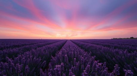 Capture the essence of peace and tranquility with this high-angle perspective of lavender fields bathed in the gentle, soft l