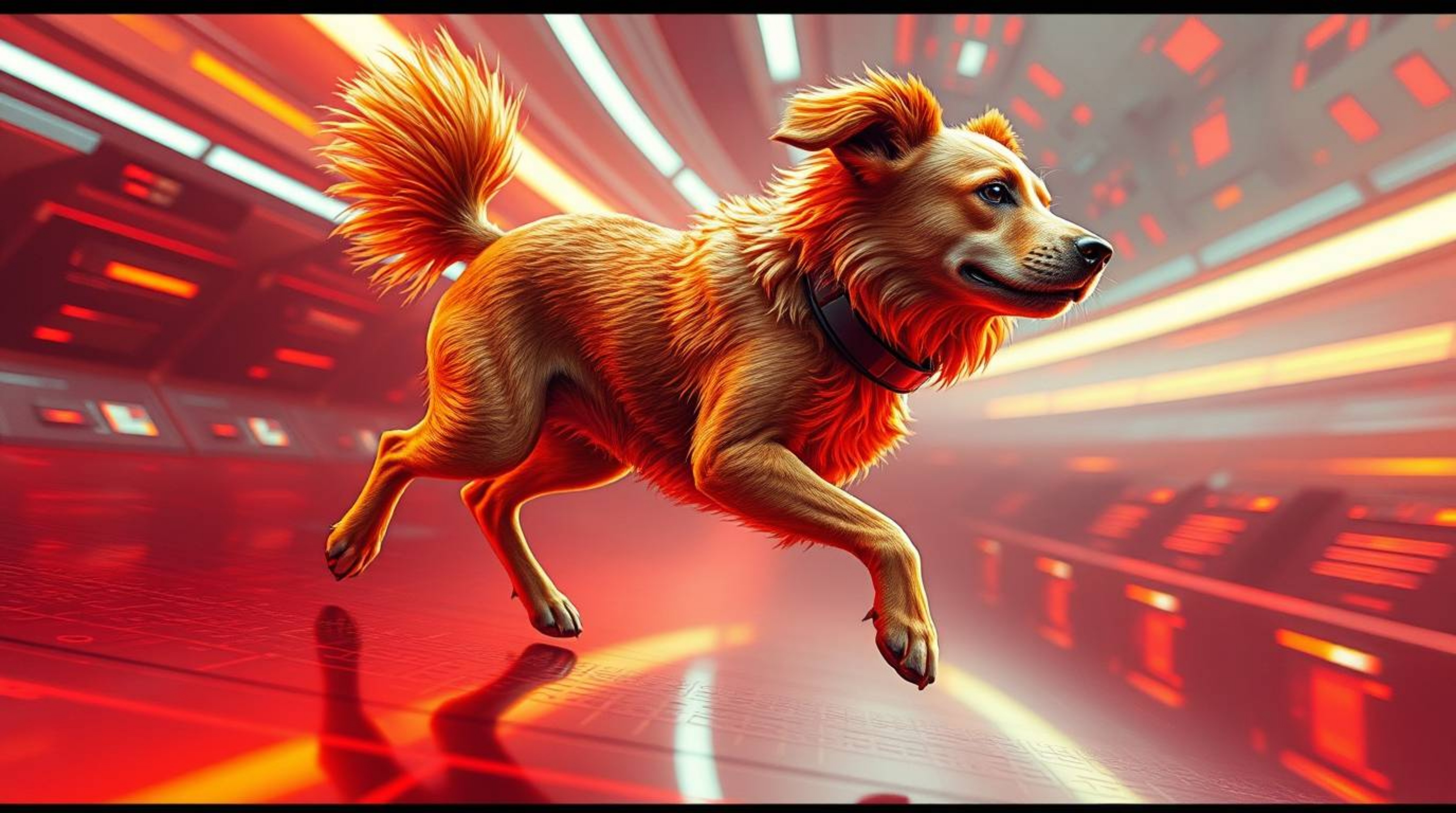 A vibrant image depicting a futuristic dog walking itself in space, bathed in warm reds, oranges, and yellows. The scene feat