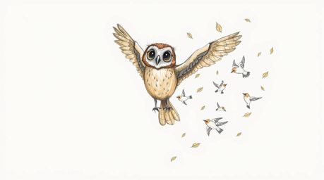 A heartwarming, hand-drawn sketch in the style of Pixar depicts a blind owl with warm brown plumage gently guiding a flock of