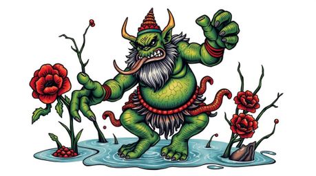 This vibrant art print showcases a symbolic traditional tattoo design featuring an ogre joyfully dancing in a swamp.  Rendere