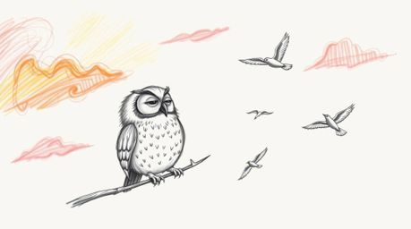 A heartwarming, hand-drawn sketch reminiscent of Pixar's style, showing a blind owl with soft, downy feathers guiding birds a