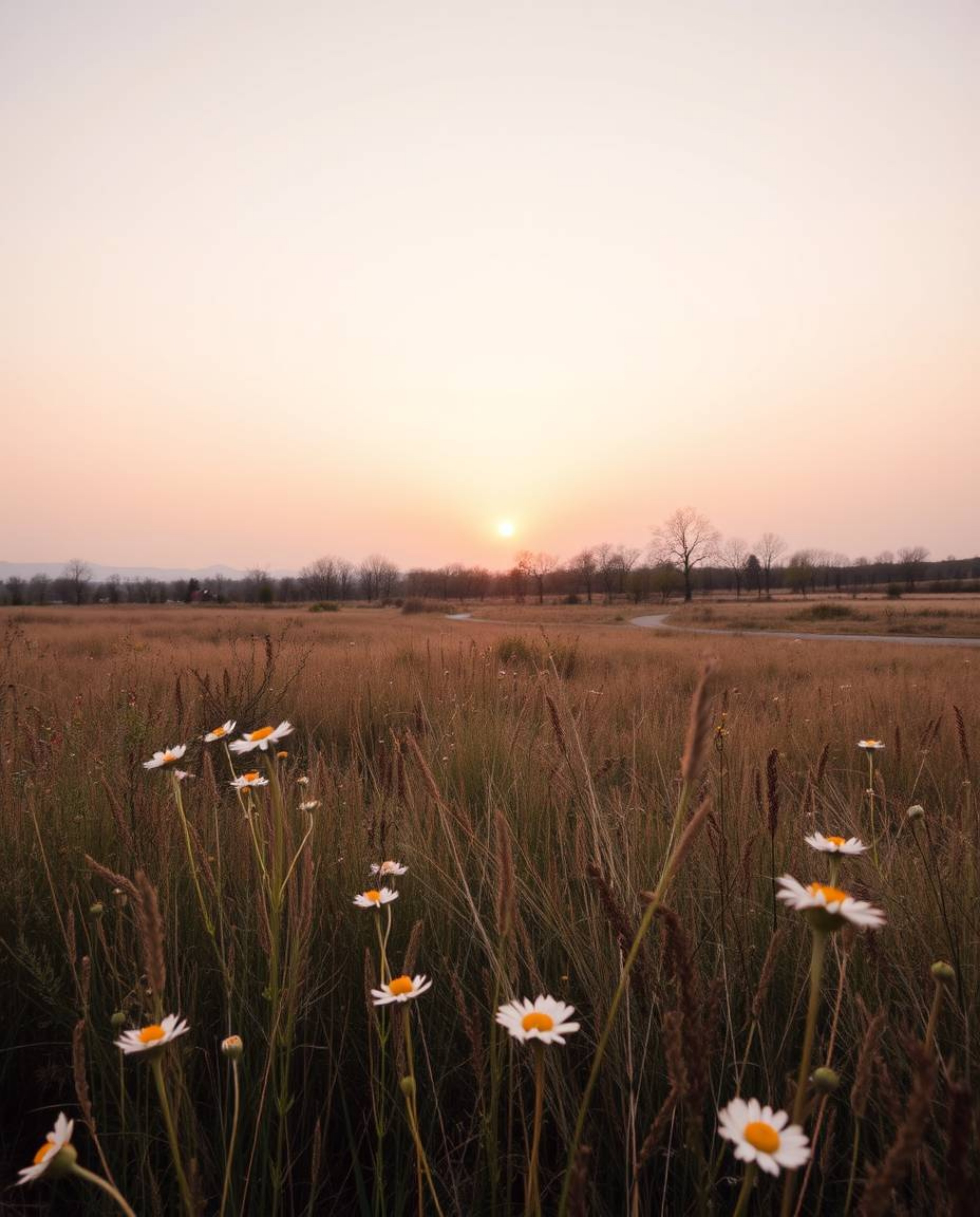 A realistic photograph of a sunset over a spring wildflower meadow, taken from a high-angle perspective. The image is charact