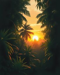 A pastel painting in a dramatic cinematic style depicts a sunset viewed through a dense jungle canopy. The artwork features a