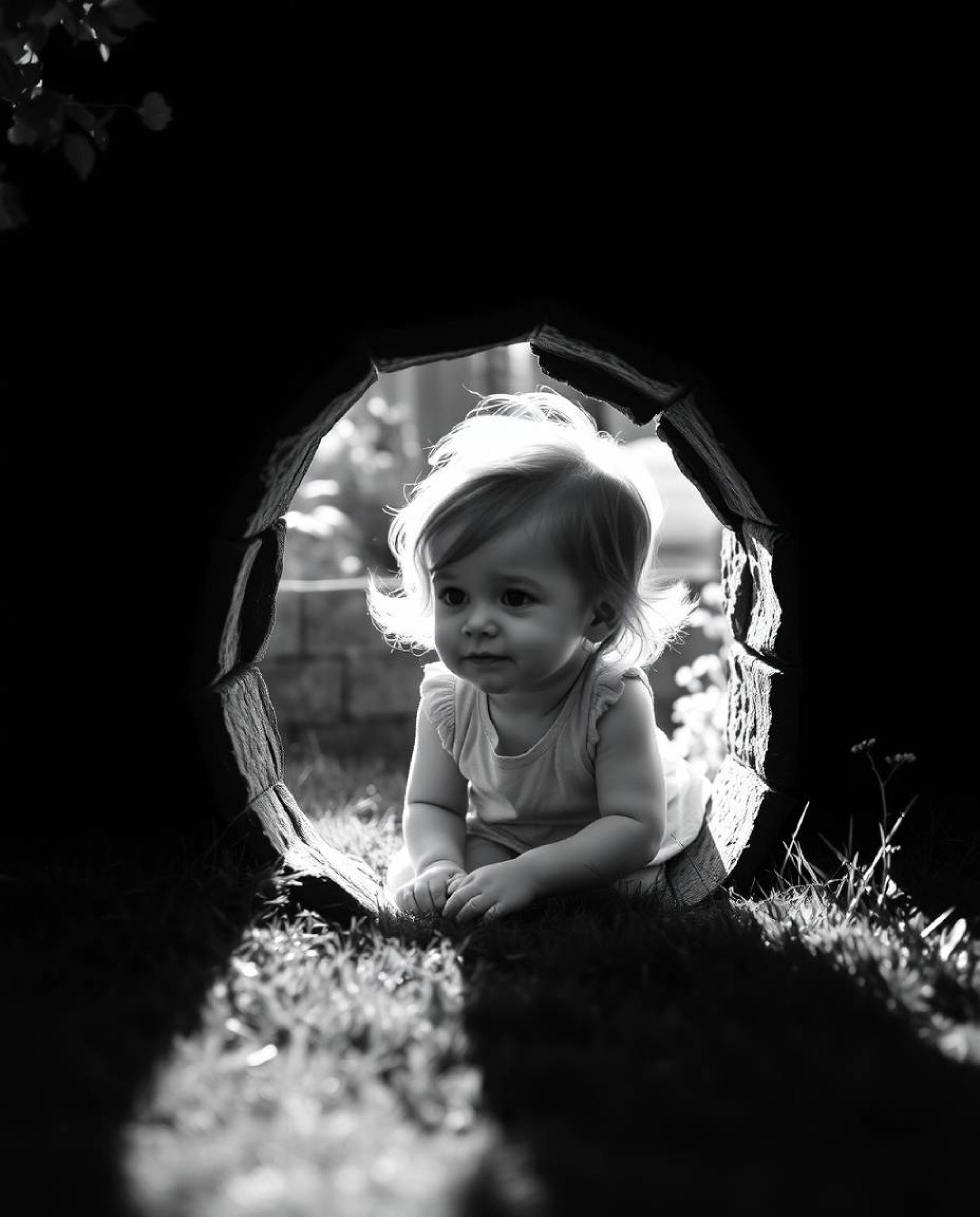 A captivating black and white image depicts a child's serene discovery of a magical portal hidden in their backyard. The gen