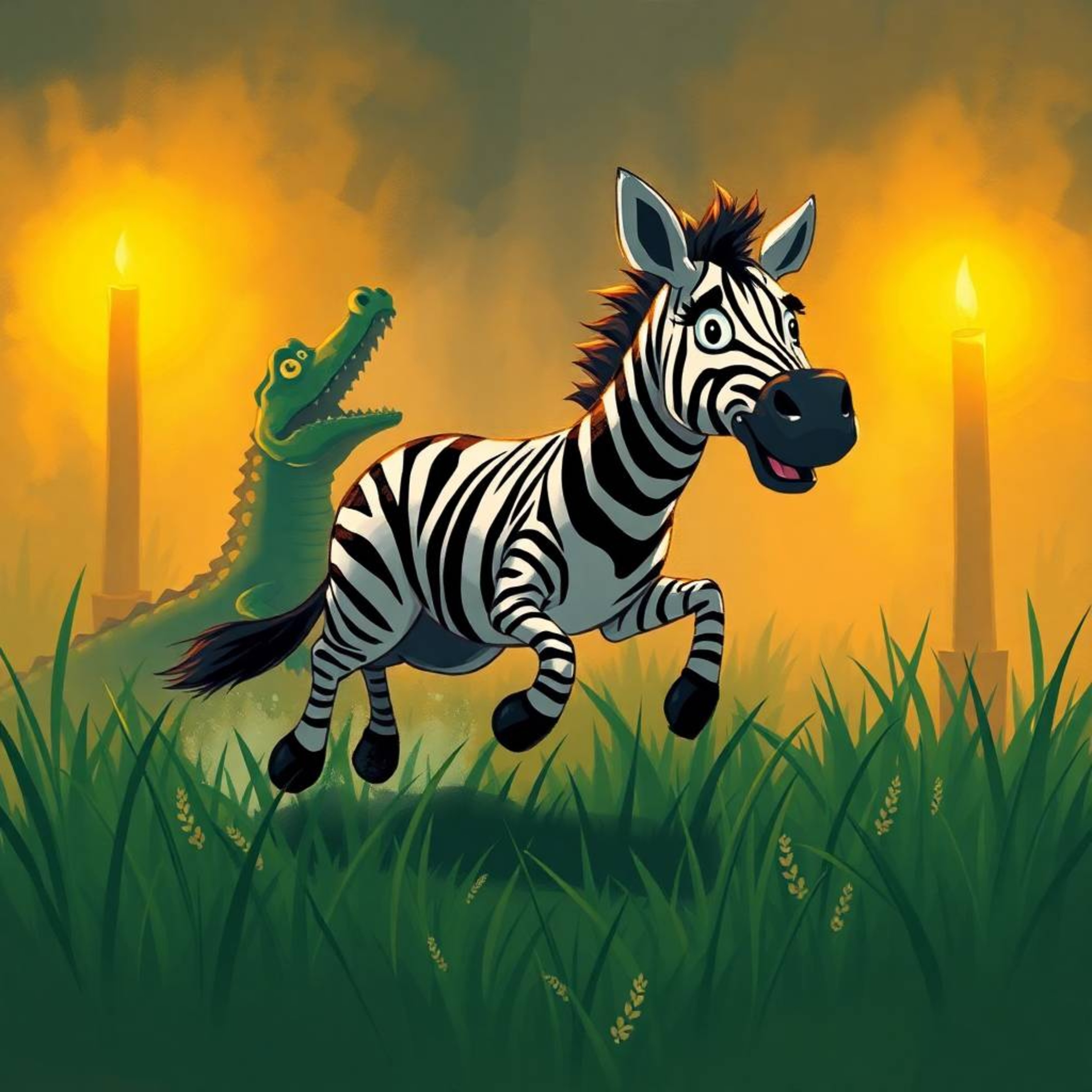 A dynamic digital sketch depicts a cartoon zebra leaping from a grassy clearing, its expression conveying fear as a crocodile