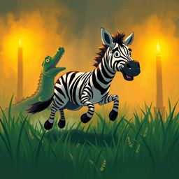 A dynamic digital sketch depicts a cartoon zebra leaping from a grassy clearing, its expression conveying fear as a crocodile