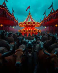 Experience the surreal beauty of fine art photography, where a vibrant carnival is unexpectedly overrun by wild animals. The 