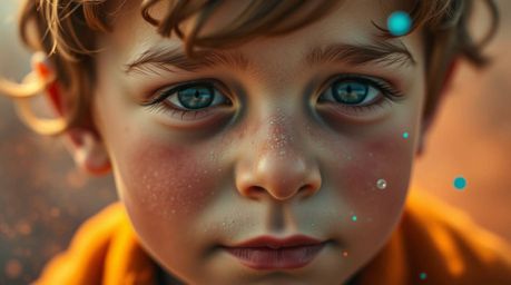 An extreme macro close-up captures the enchanting image of a young boy flying with pixie dust above London. His sparkling eye