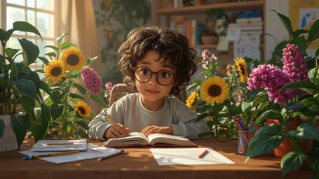 In a high-resolution stock photo with a whimsical, heartwarming style reminiscent of Pixar, a bright-eyed, homeschooled geniu
