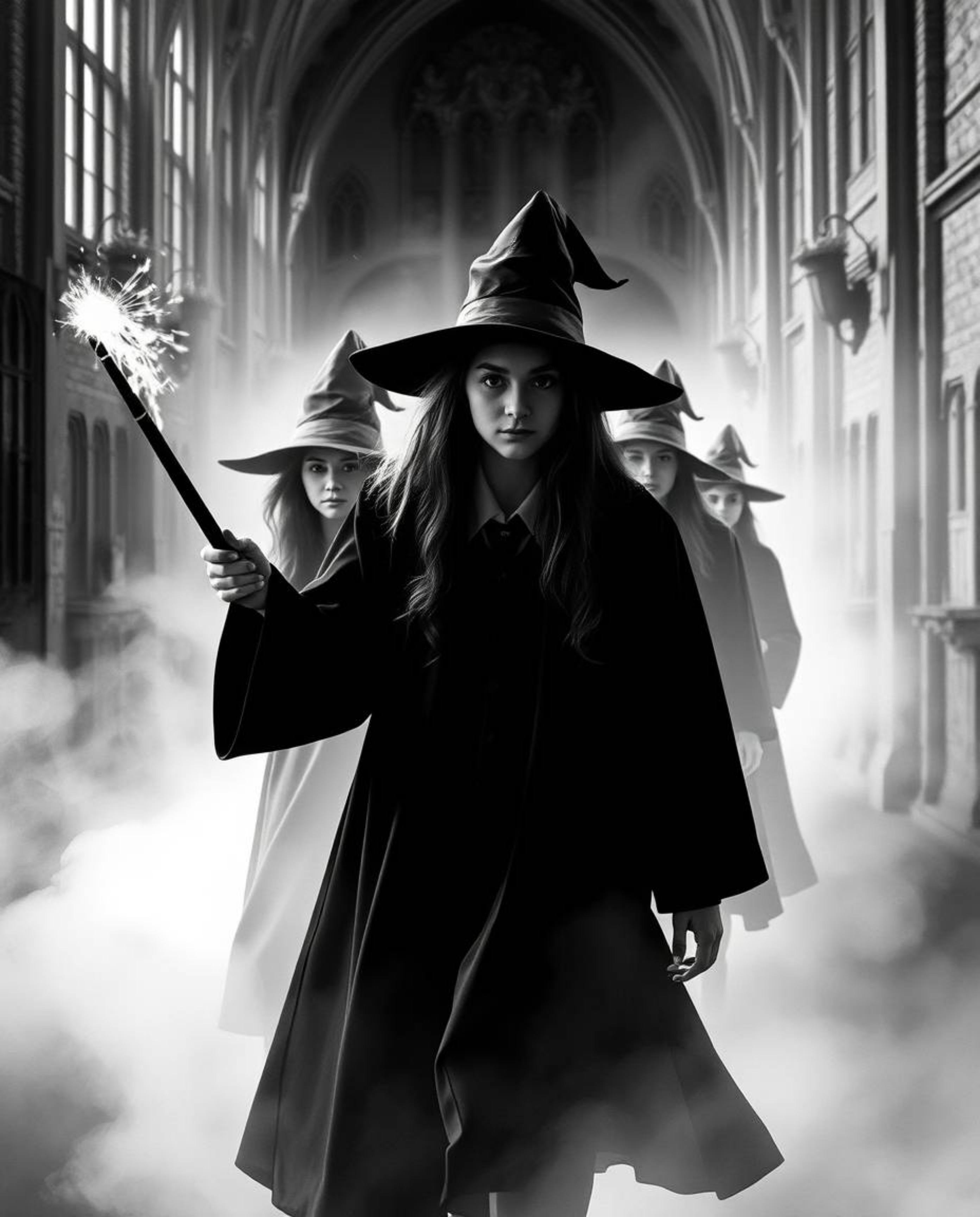 Discover a timeless and elegant aesthetic in this classic black and white image of a magical school.  Young wizards emanate a