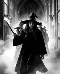 Discover a timeless and elegant aesthetic in this classic black and white image of a magical school. Young wizards emanate a