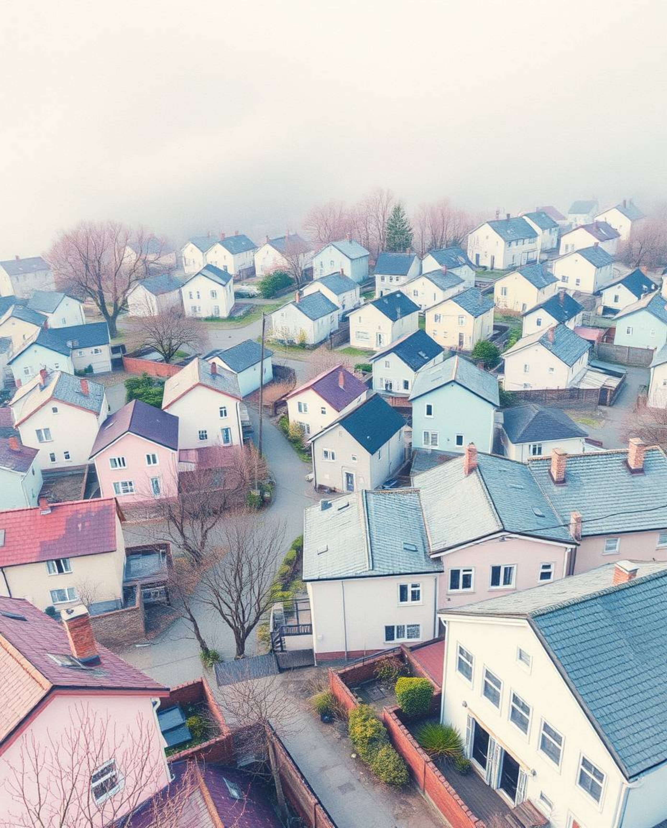 This captivating watercolor painting captures a sleepy town bathed in pastel hues, rendered with an otherworldly feel through