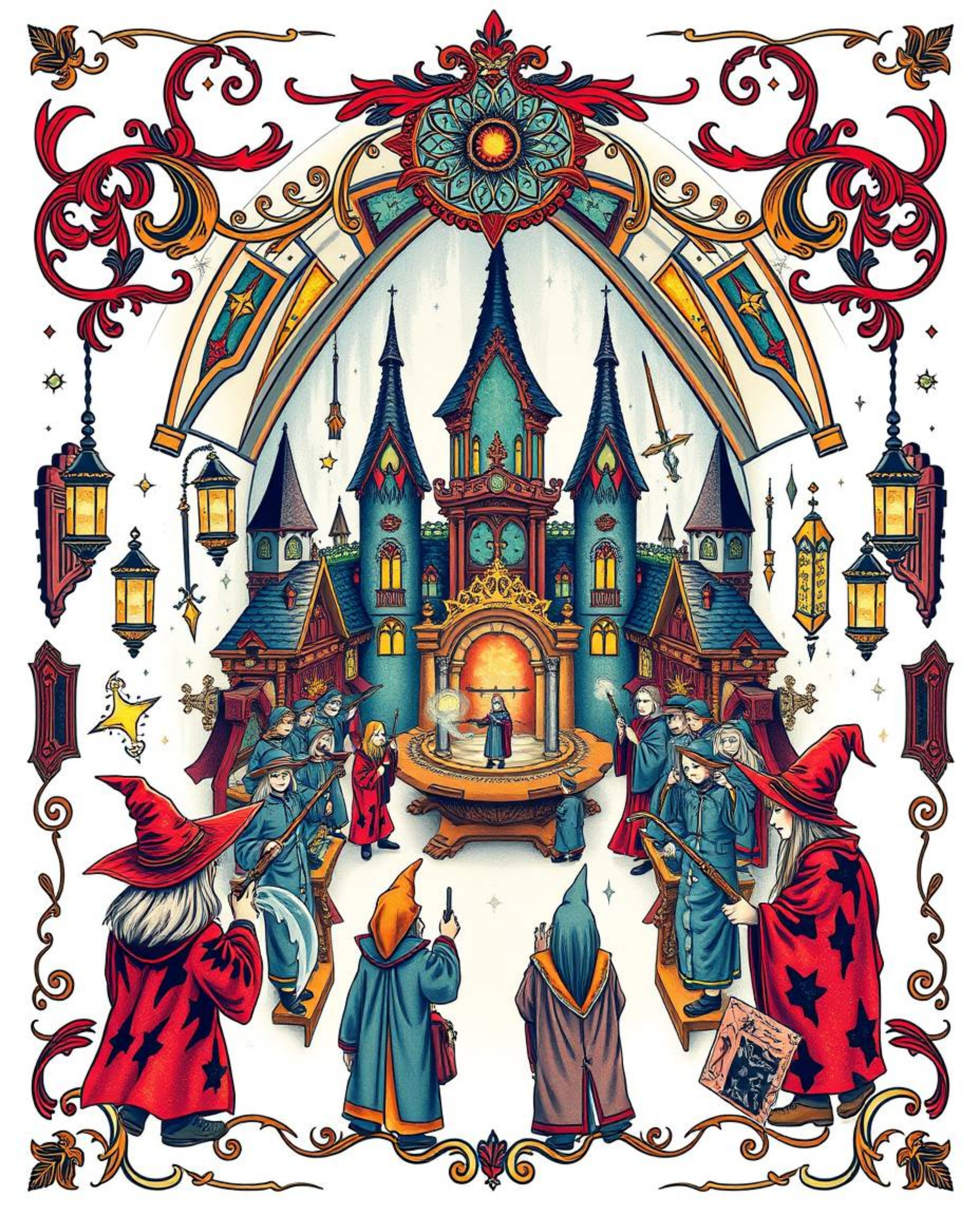 This symbolic traditional tattoo art print depicts a magical school brimming with young wizards. The design boasts vibrant co