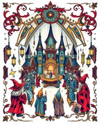 This symbolic traditional tattoo art print depicts a magical school brimming with young wizards. The design boasts vibrant co
