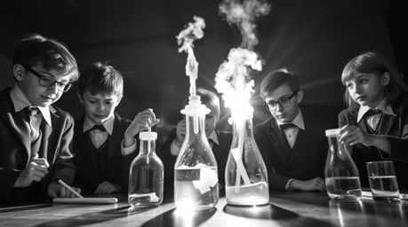 A captivating black and white photograph showcases a group of quirky children in school uniforms engrossed in dynamic science