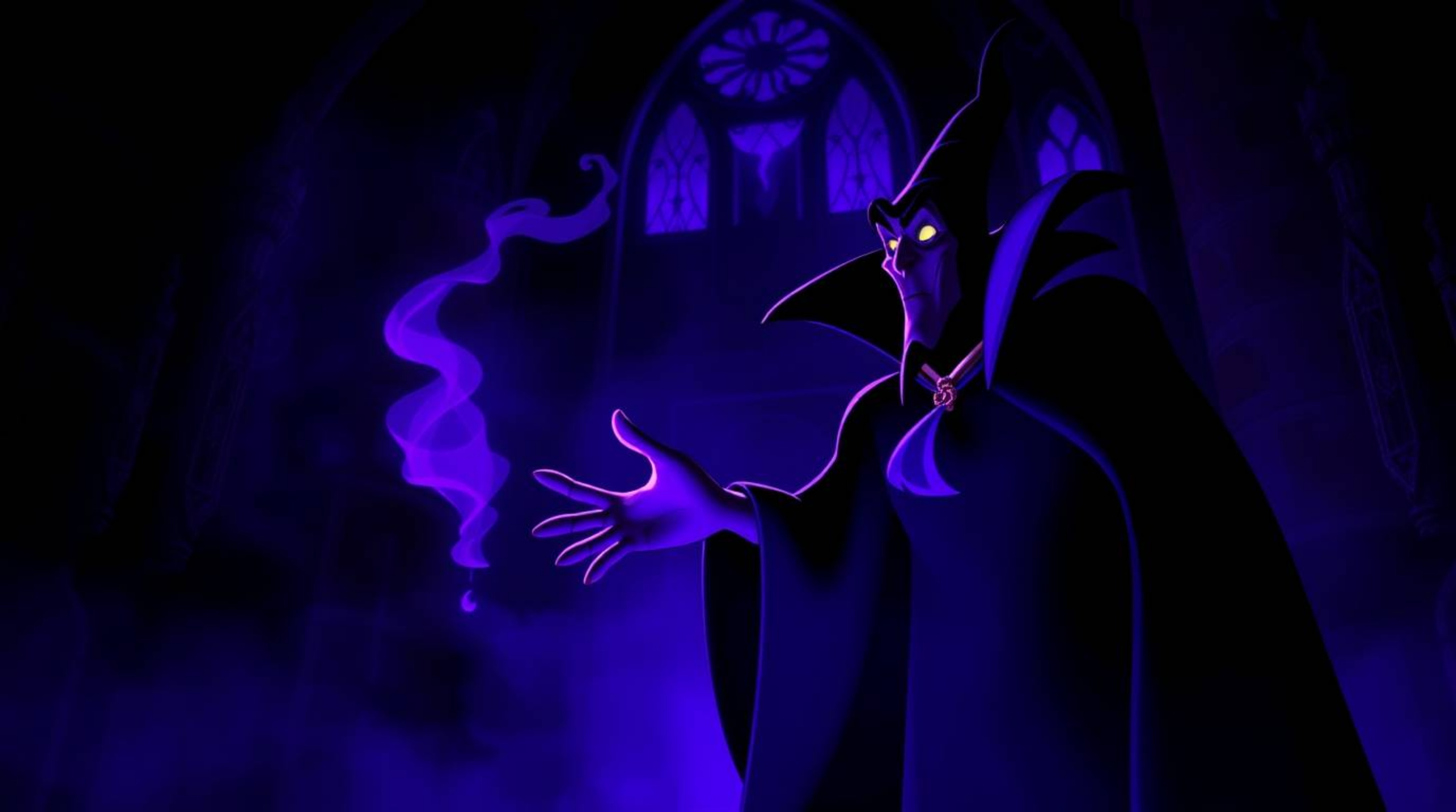 A classic Disney villain, shrouded in deep ultraviolet hues, casts a spell within a majestic castle.  The scene is dramatical