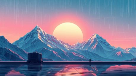 A captivating futuristic sci-fi illustration showcases snow-capped mountains bathed in the soft glow of a pastel sunset.  The