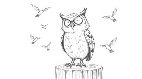A pencil sketch, inspired by Pixar, depicts a blind but joyful owl teacher perched on a tree stump. Small birds fly dynamical