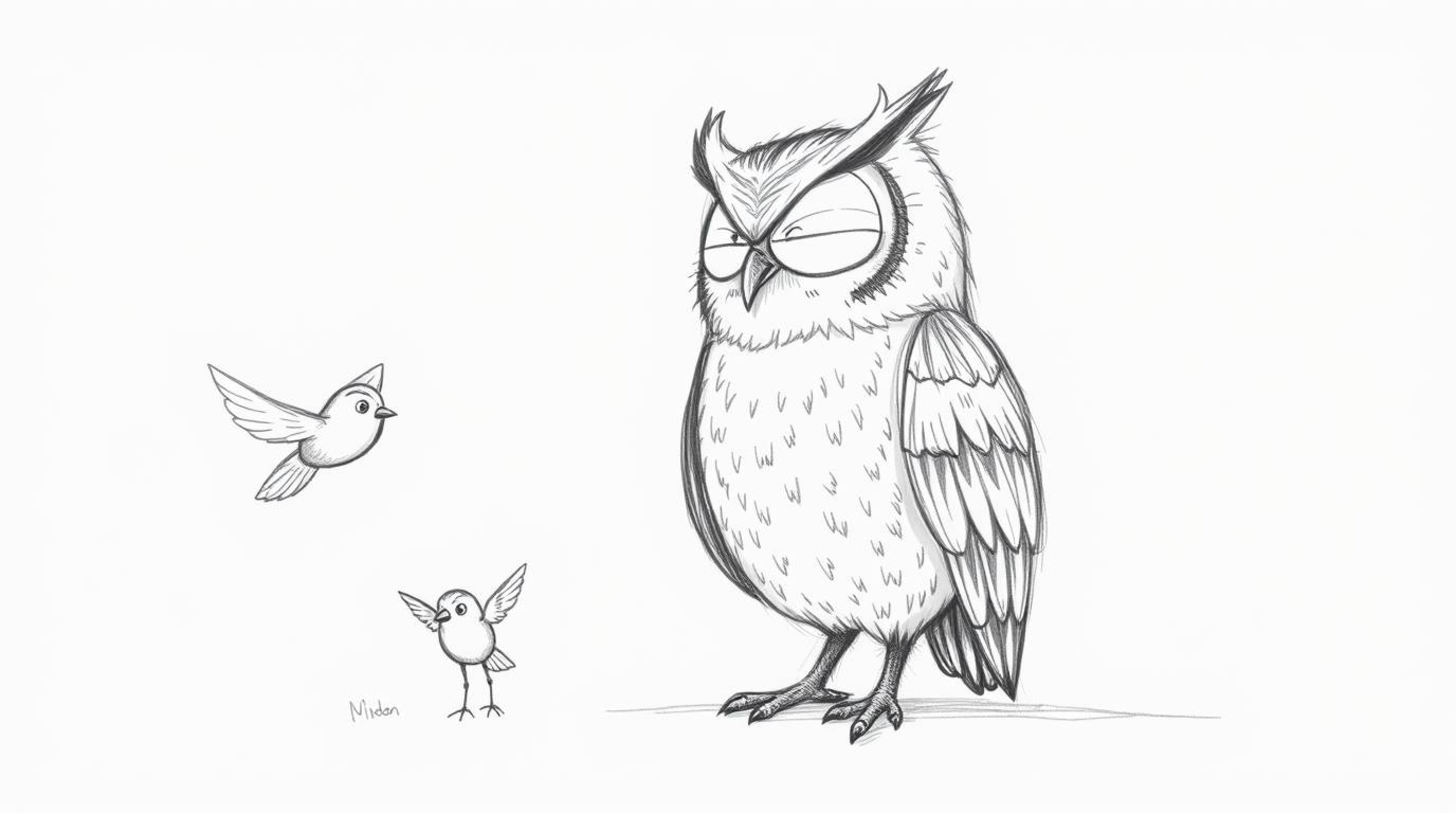 A heartwarming hand-drawn sketch in the style of Pixar depicts a gentle, blind owl with soft, feathery details.  The owl, a d