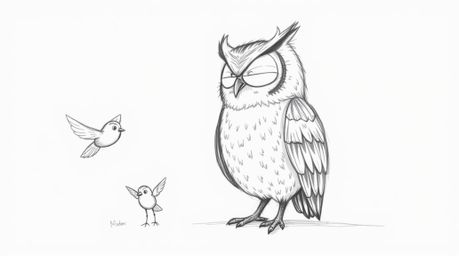 A heartwarming hand-drawn sketch in the style of Pixar depicts a gentle, blind owl with soft, feathery details.  The owl, a d