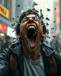 A captivating digital art piece depicts a person screaming as their reality fractures into a pixelated mess amidst a rainy sc