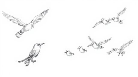 A hand-drawn sketch in the style of Pixar depicts a blind owl with subtly textured feathers instructing a group of birds in s