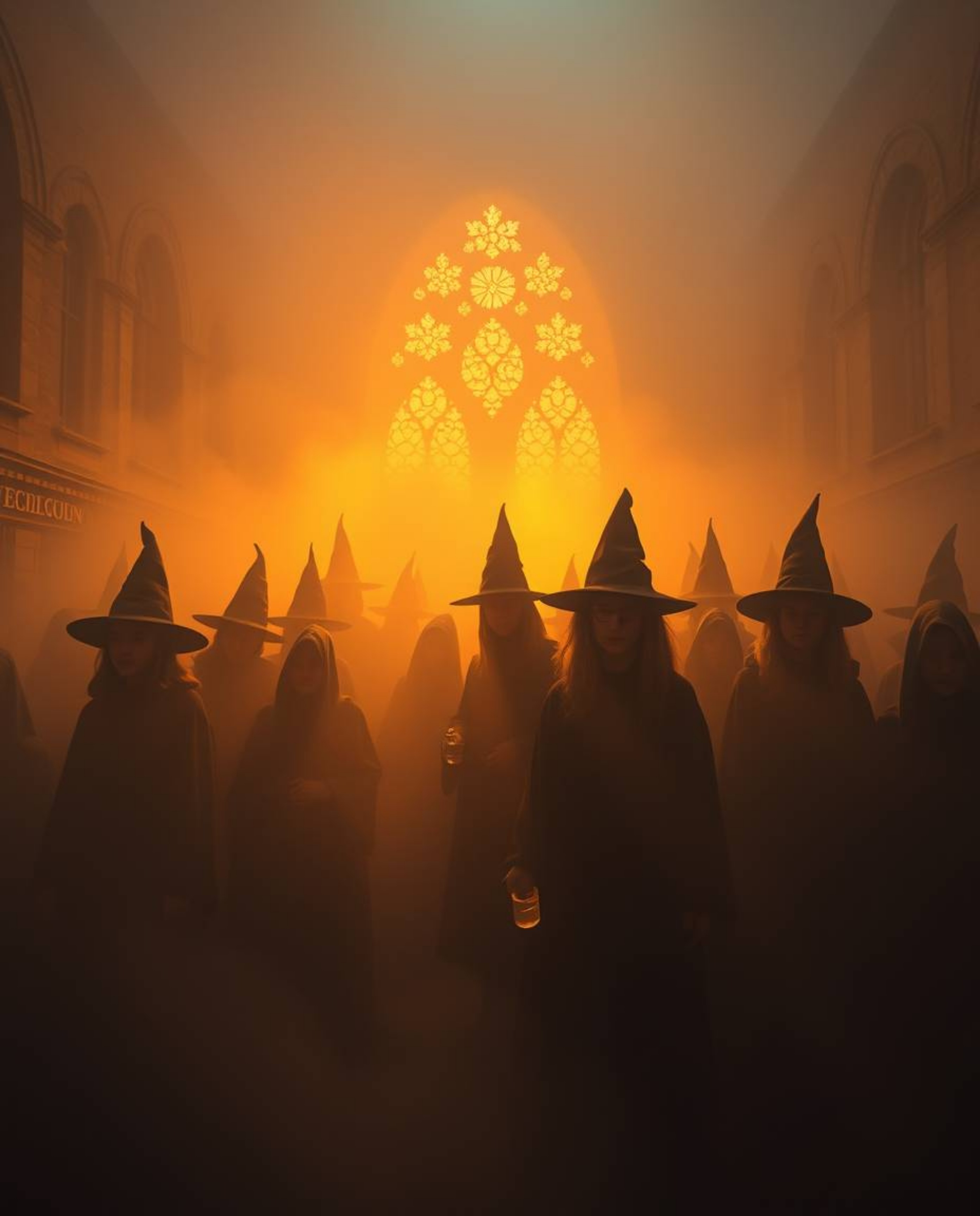 A professional photograph captures a magical school shrouded in thick fog, creating a low-visibility, soft-contrast, and luxu