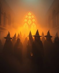 A professional photograph captures a magical school shrouded in thick fog, creating a low-visibility, soft-contrast, and luxu
