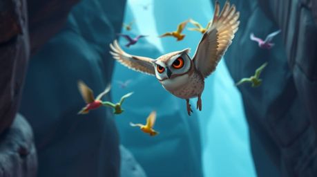 A stunning long exposure photograph depicts a blind owl, rendered in Pixar style with soft, expressive features, guiding colo