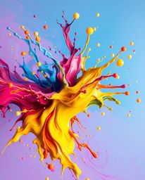 This stunning acrylic painting captures a vibrant and dynamic paint splash frozen in mid-air. Utilizing a high-speed camera e