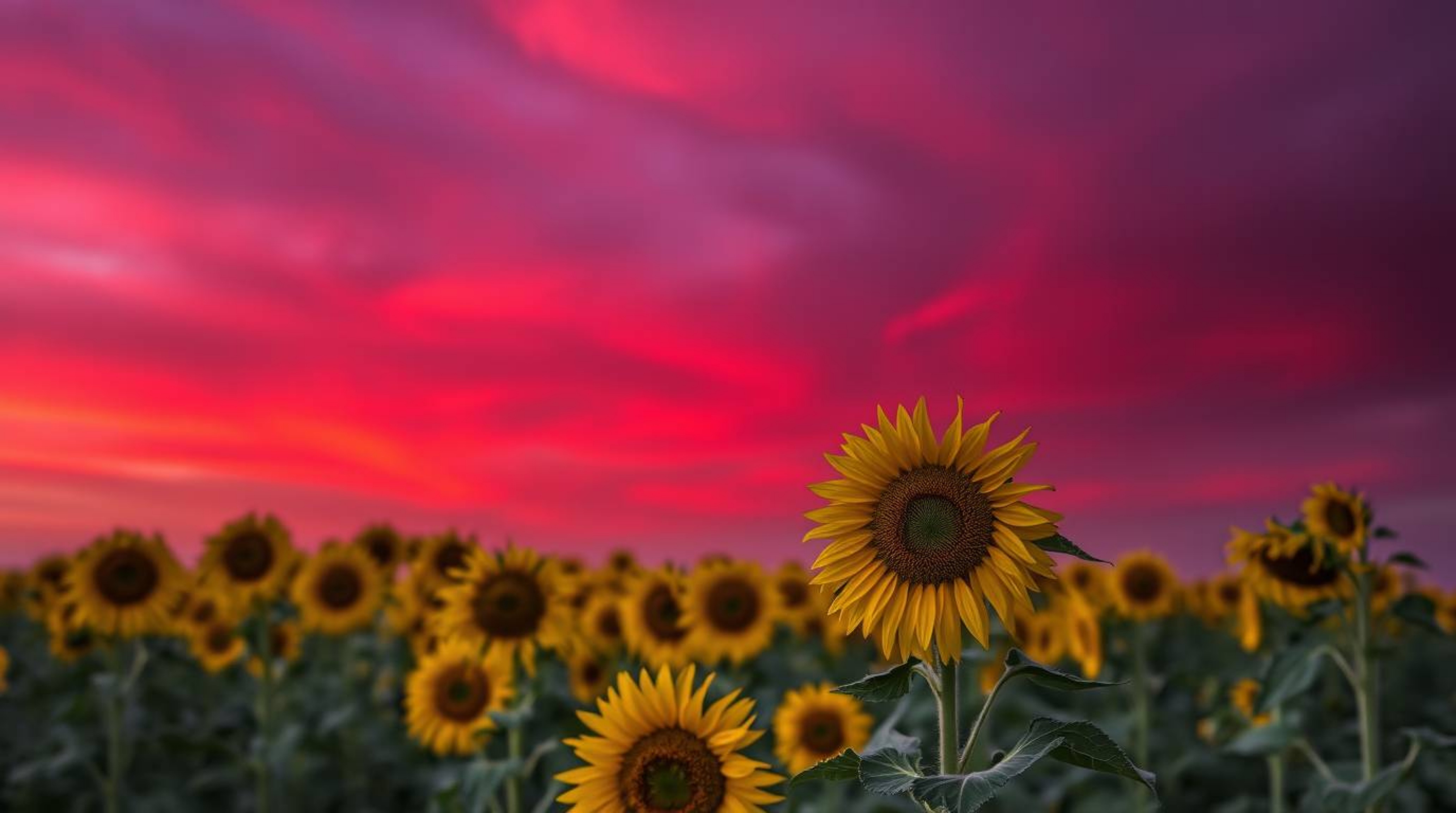A captivating fine art photograph depicting a breathtaking sunflower field bathed in the enchanting glow of a deep red and pu
