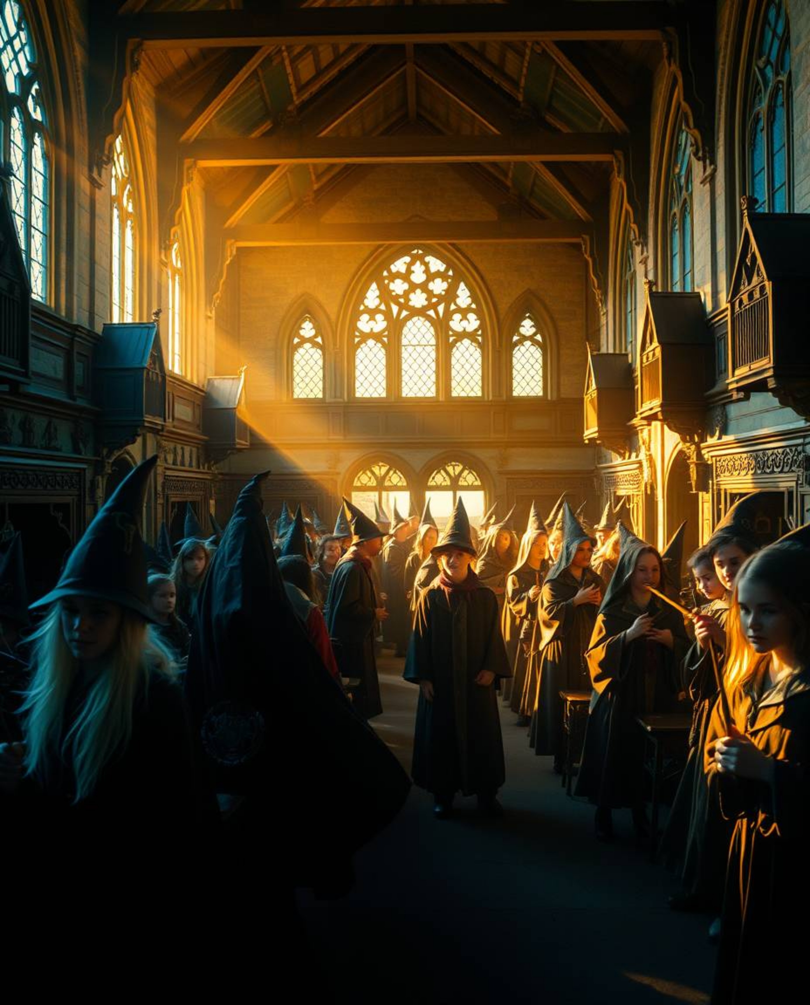 Discover a captivating image of a magical school filled with young wizards, bathed in the warm glow of golden hour. Cool blu