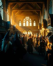Discover a captivating image of a magical school filled with young wizards, bathed in the warm glow of golden hour. Cool blu
