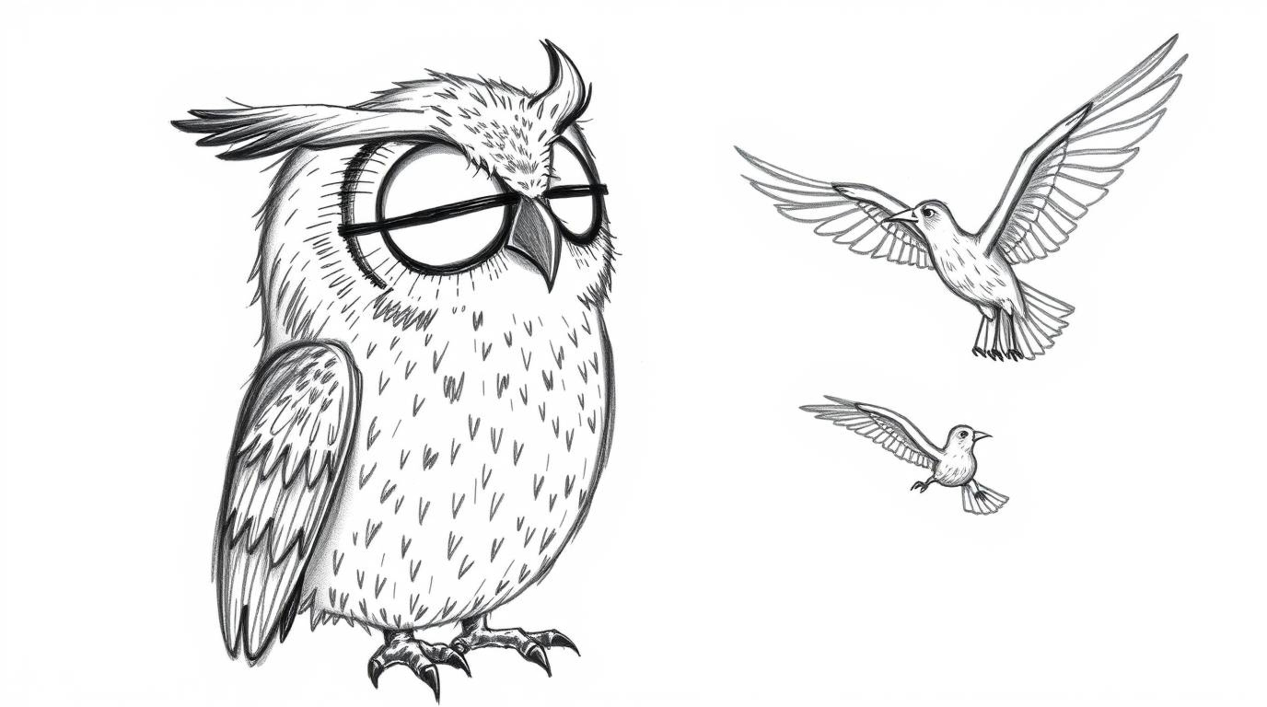 This heartwarming hand-drawn sketch, reminiscent of Pixar's style, portrays a blind owl imparting the skill of flight to a gr