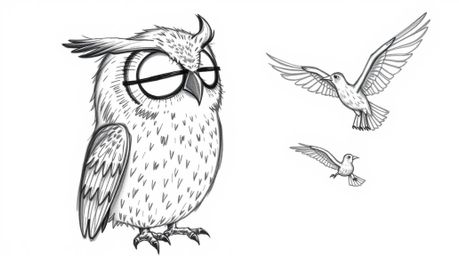 This heartwarming hand-drawn sketch, reminiscent of Pixar's style, portrays a blind owl imparting the skill of flight to a gr