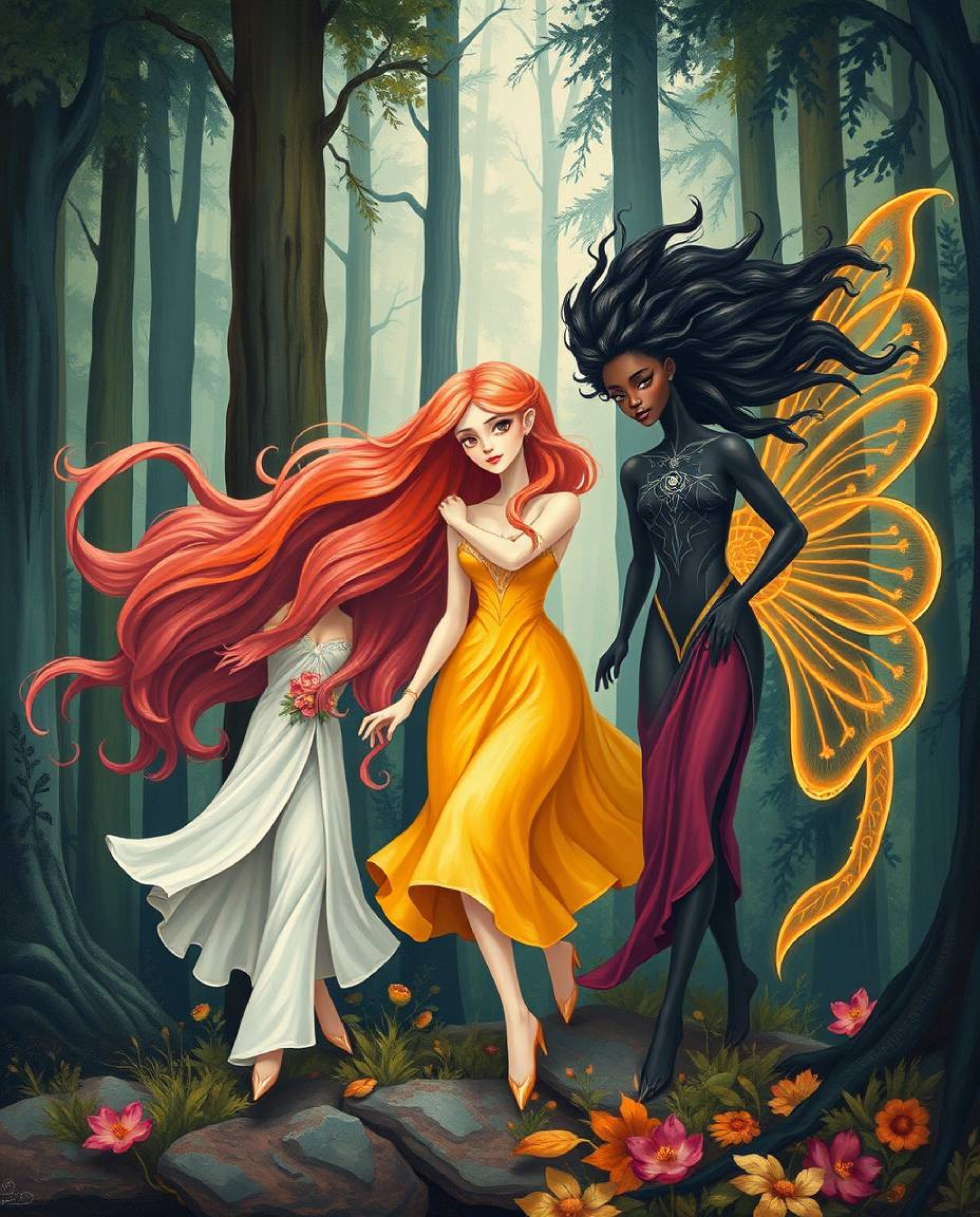 An elegant painting depicting a group of friends, each possessing unique and captivating powers, embarking on an exploration 